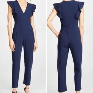 Black Halo Deklyn Jumpsuit 0 Navy Blue Ruffles V Neck Straight Leg Office Chic